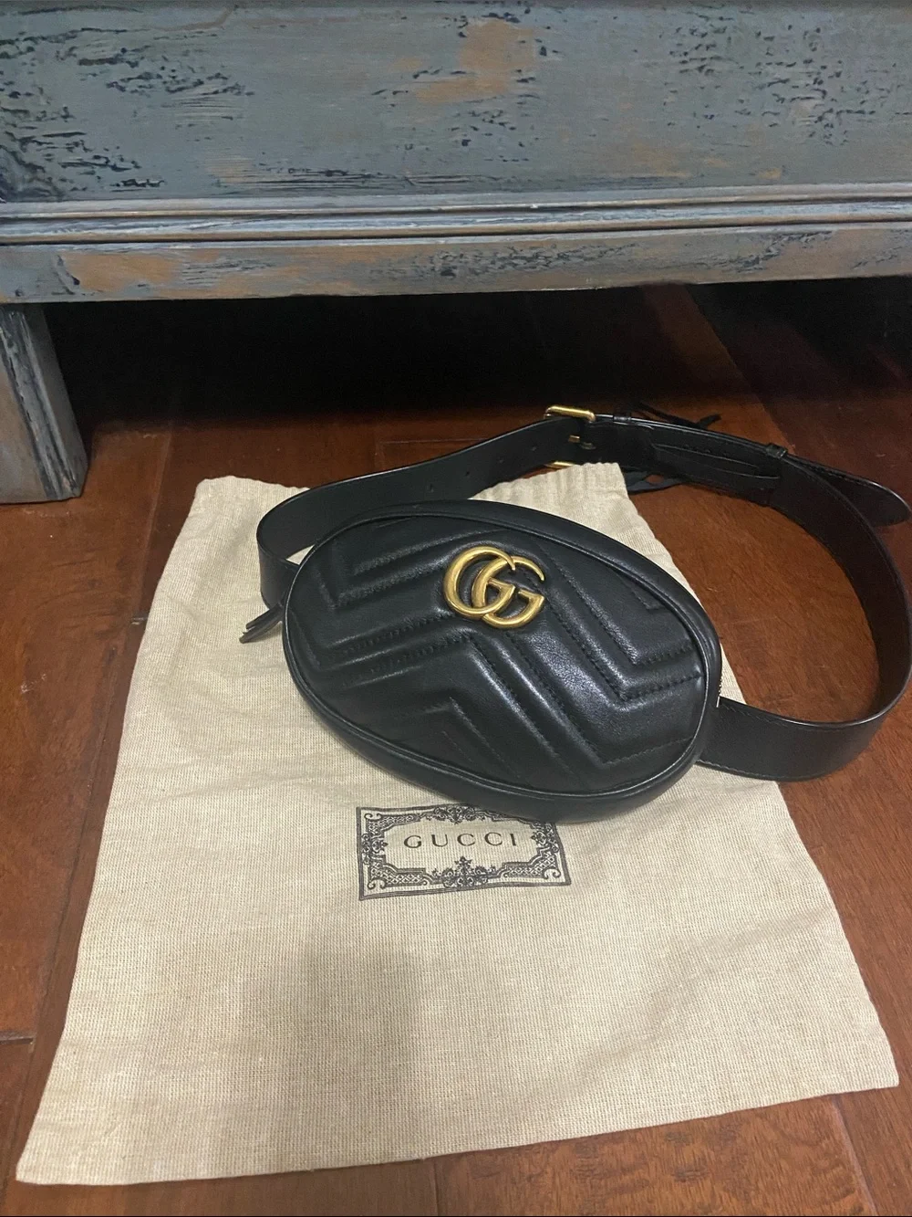 Gucci Black Leather GG Marmont Belt Bag with Gold Hardware